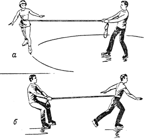 Рис. 18. Упражнения с резиновым амортизатором: а — по  кругу,  б — по прямой